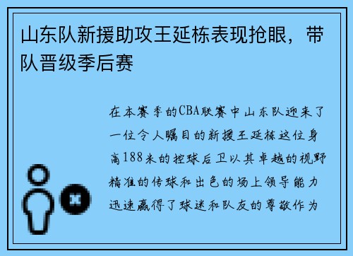 山东队新援助攻王延栋表现抢眼，带队晋级季后赛