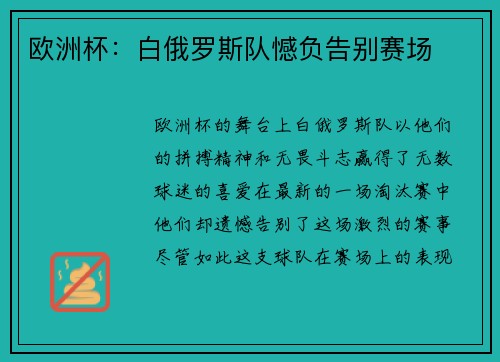 欧洲杯：白俄罗斯队憾负告别赛场
