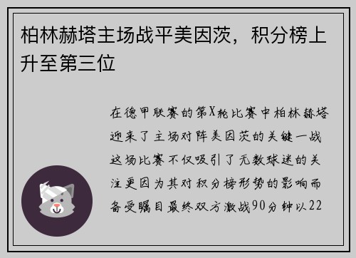 柏林赫塔主场战平美因茨，积分榜上升至第三位