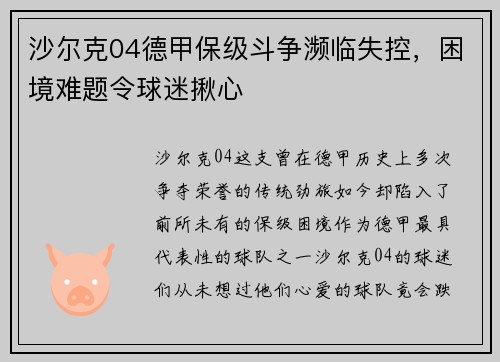沙尔克04德甲保级斗争濒临失控，困境难题令球迷揪心