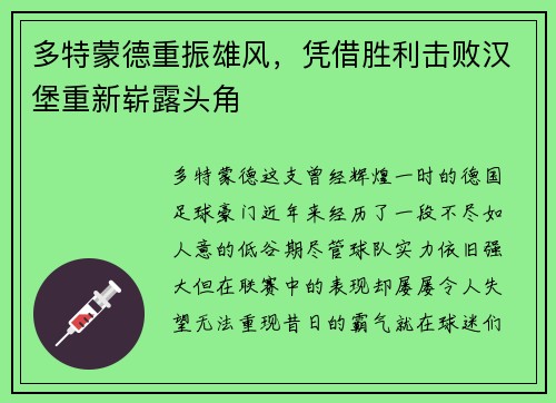 多特蒙德重振雄风，凭借胜利击败汉堡重新崭露头角