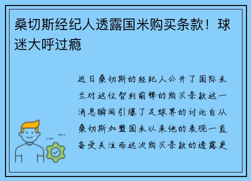 桑切斯经纪人透露国米购买条款！球迷大呼过瘾
