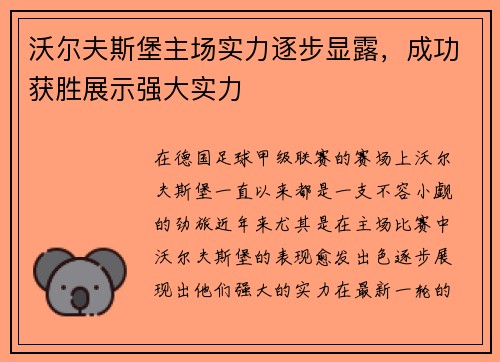 沃尔夫斯堡主场实力逐步显露，成功获胜展示强大实力