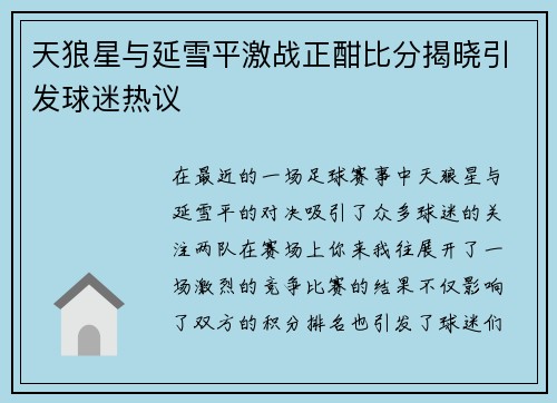 天狼星与延雪平激战正酣比分揭晓引发球迷热议