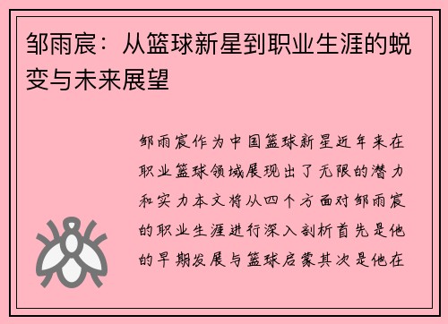 邹雨宸：从篮球新星到职业生涯的蜕变与未来展望