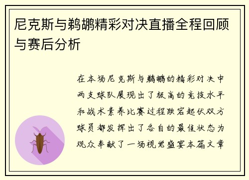 尼克斯与鹈鹕精彩对决直播全程回顾与赛后分析