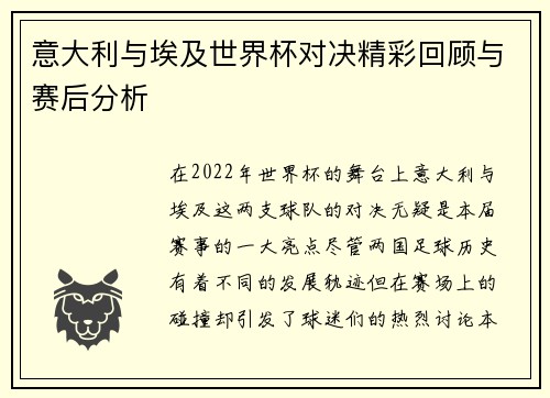 意大利与埃及世界杯对决精彩回顾与赛后分析