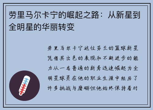 劳里马尔卡宁的崛起之路：从新星到全明星的华丽转变