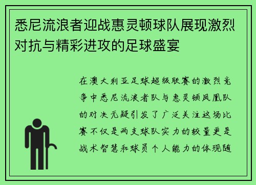 悉尼流浪者迎战惠灵顿球队展现激烈对抗与精彩进攻的足球盛宴