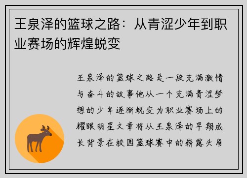 王泉泽的篮球之路：从青涩少年到职业赛场的辉煌蜕变