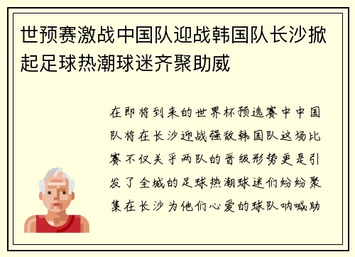 世预赛激战中国队迎战韩国队长沙掀起足球热潮球迷齐聚助威
