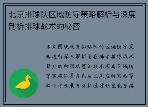 北京排球队区域防守策略解析与深度剖析排球战术的秘密