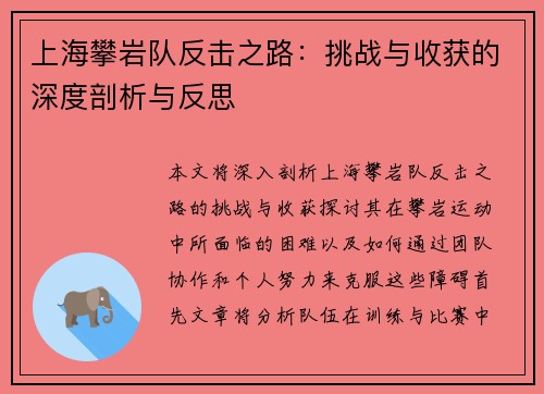 上海攀岩队反击之路：挑战与收获的深度剖析与反思