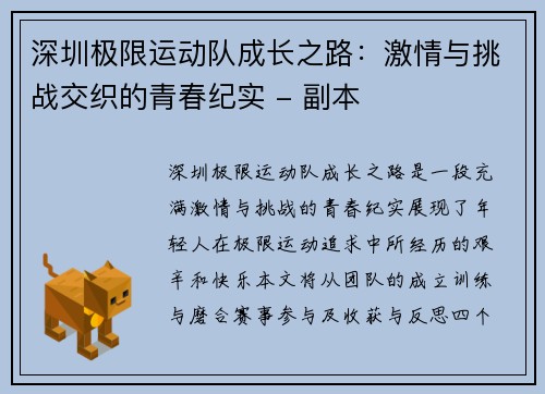 深圳极限运动队成长之路：激情与挑战交织的青春纪实 - 副本